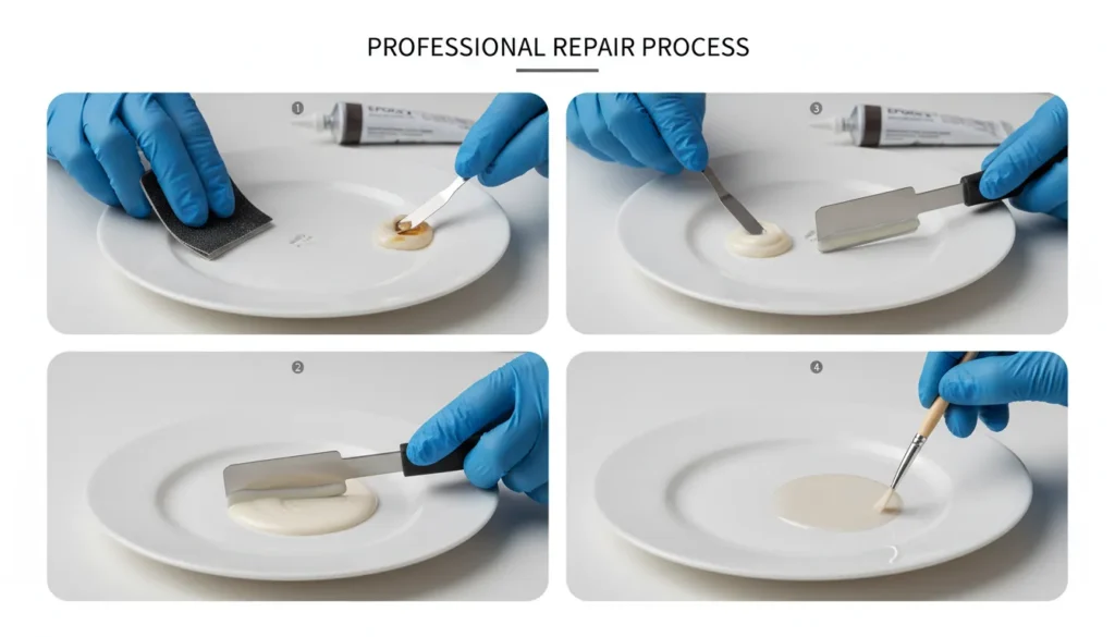 Four-panel infographic showing professional sink sanding, epoxy mixing, surface leveling, and final glaze painting.