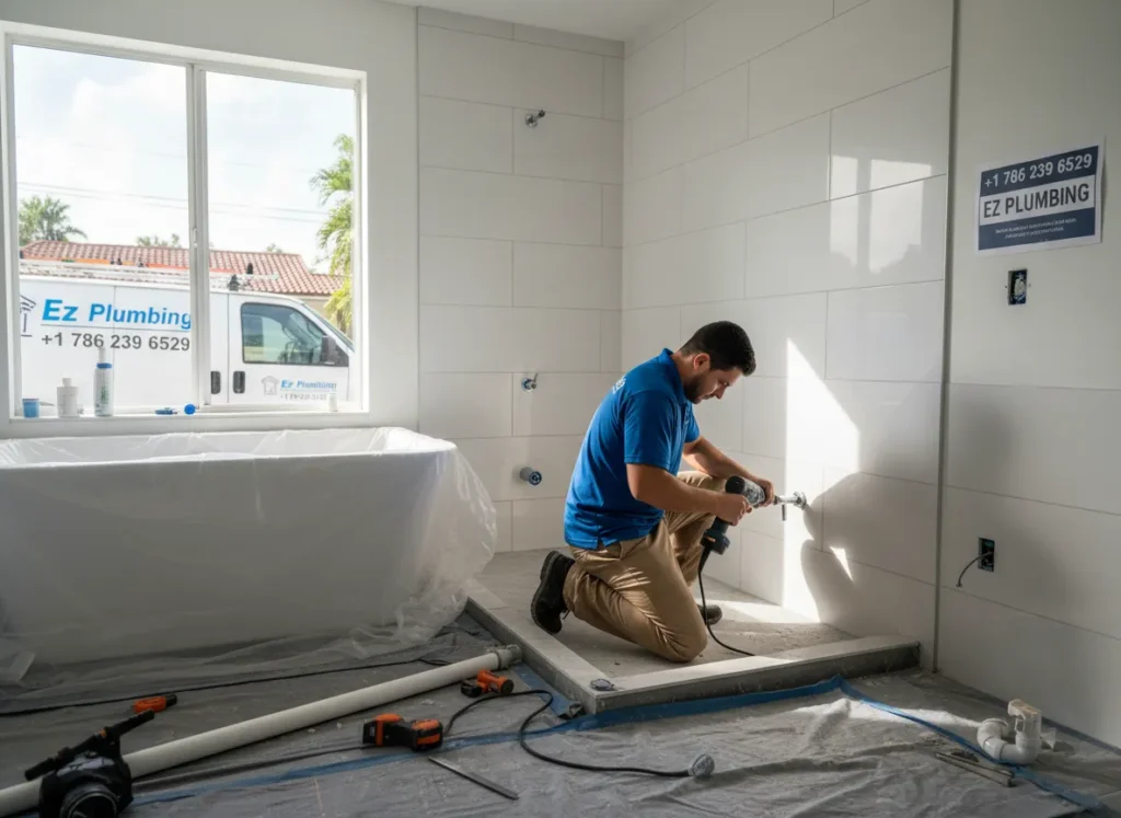 Ez Plumbing technician performing professional shower valve installation and bathtub plumbing setup in a newly renovated Miami bathroom.
