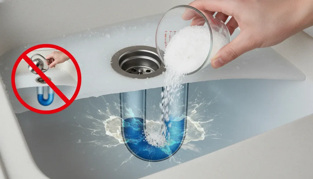 A detailed shot showing rock salt being poured into a frozen sink drain to lower the freezing point of water and melt ice blockages in the P-trap safely.