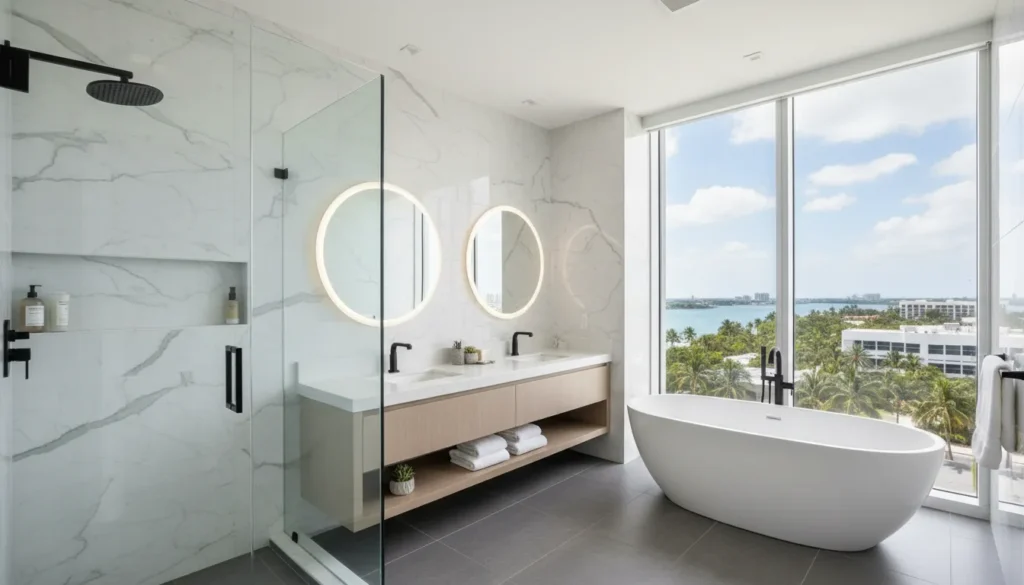 A comparison chart showing the price difference between a $350 shower valve repair and a $5,000 full shower replacement in Miami.