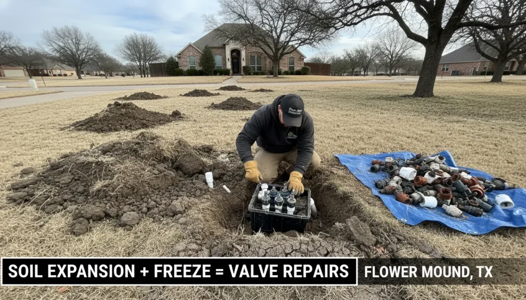 Sprinkler Valve Repair in Flower Mound showing the impact of North Texas clay soil and freeze damage.