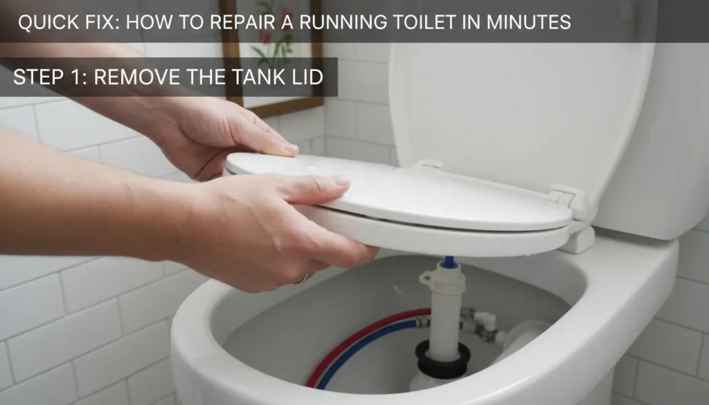 Internal view of a toilet tank highlighting the fill valve and rubber flapper for a quick running toilet repair.