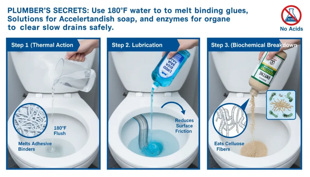 A three-panel instructional photo showing a plumber-approved method using hot water, liquid dish soap, and enzyme treatments to break down paper clogs.