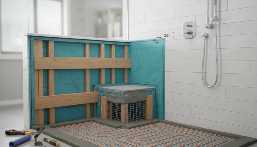 Professional installation of a walk in shower with bench showing Schluter-Kerdi membrane waterproofing and the 1/4-inch slope for proper drainage.