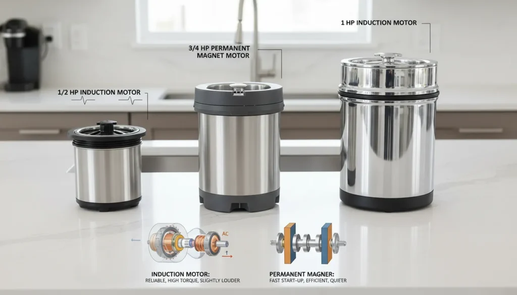 Infographic explaining how to choose the best garbage disposals based on horsepower and torque