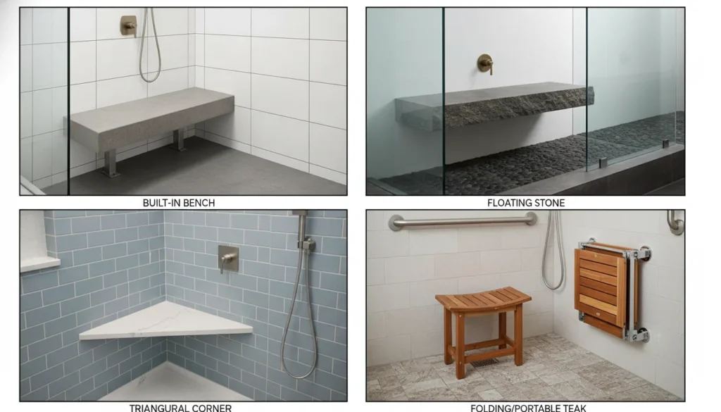 Comparison of a walk in shower with bench styles including built-in luxury seats, floating quartz benches, and space-saving corner seats.