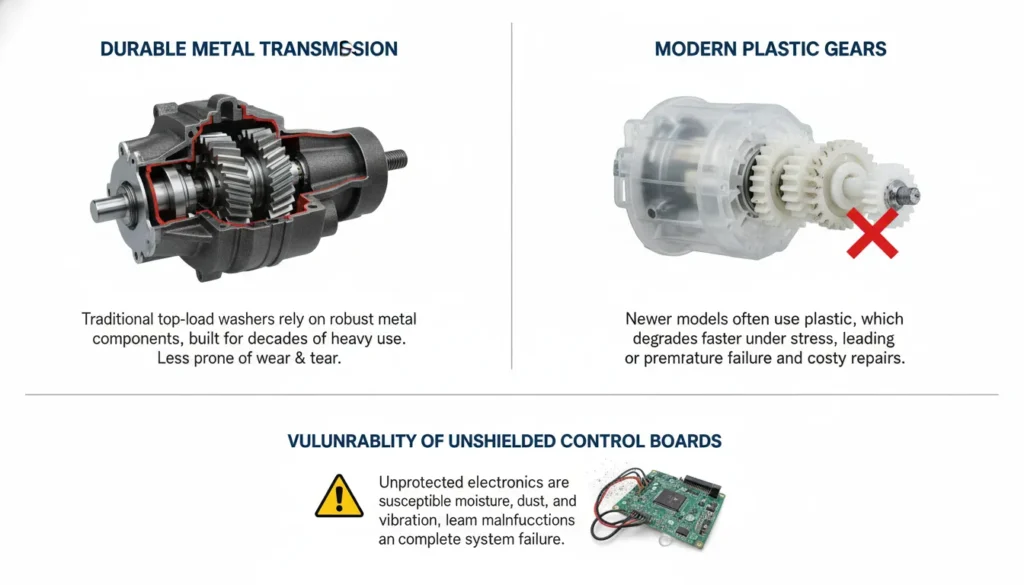 Top Load Washer Secrets exposing plastic gears and control board flaws.