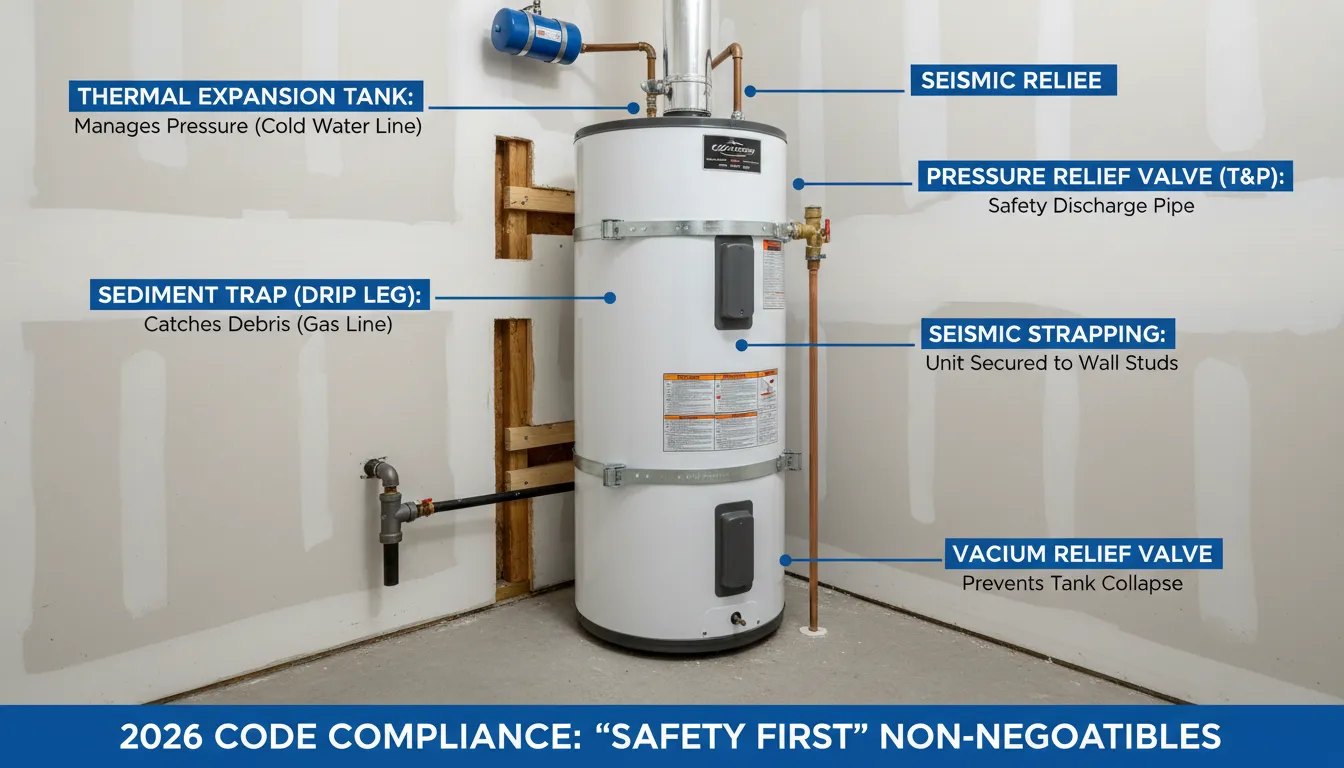 A detailed technical photo of a professionally installed water heater showing mandatory safety components including a thermal expansion tank, sediment trap, shut-off valve, and earthquake strapping.