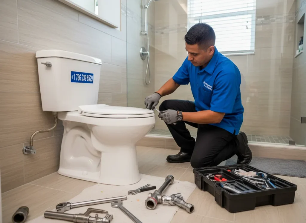 Ez Plumbing technician repairing a commercial flushometer valve on a tankless toilet in a Miami business restroom.