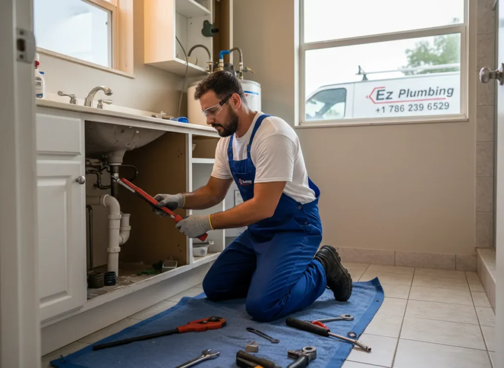 Ez Plumbing technician providing expert plumbing maintenance and repair services for residential and commercial industries in Miami.
