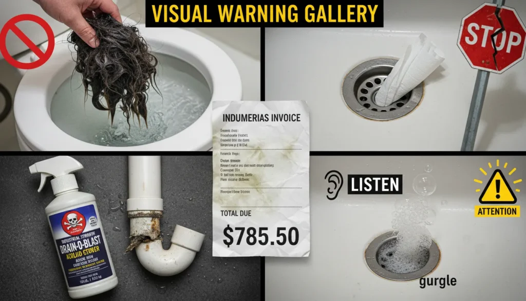 A high-contrast collage showing common dog bathing errors: a person flushing large clumps of hair down a toilet, a baby wipe obstructing a drain, and a bottle of harsh acidic drain cleaner next to a corroded pipe.