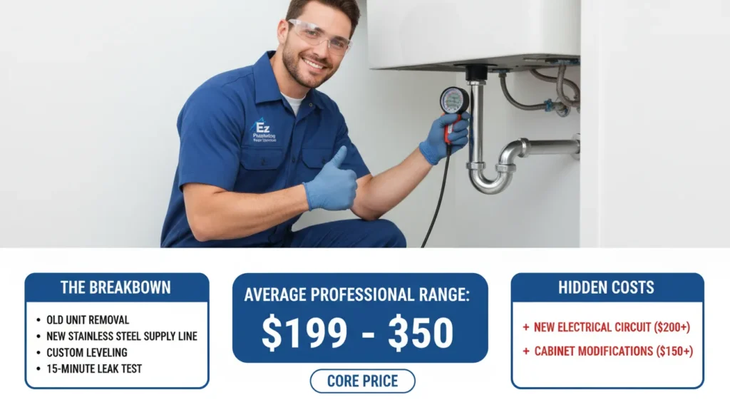 A comprehensive price comparison chart showing the average cost of professional dishwasher installation in 2026, including labor fees, material costs, and a comparison between DIY and licensed plumbing services.