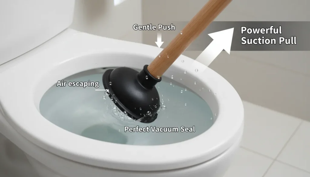 A professional plumber demonstrates how to plunge a toilet by inserting a flange plunger at a 45-degree angle to create an airtight seal over the waste inlet.