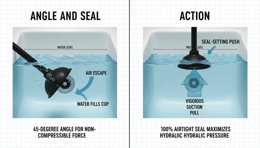 A step-by-step visual demonstration of the effective plunging technique, showing a flange plunger sealed at the bottom of a toilet bowl with arrows indicating the push-pull motion.