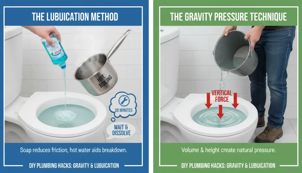 A visual guide showing two plungeless methods: pouring liquid dish soap and hot water into a toilet bowl, and using a high-pressure water bucket pour.