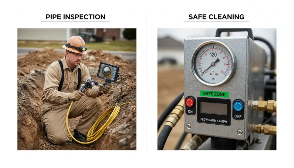 Safe PSI limits for hydrojet drain cleaning on old clay and cast iron pipes