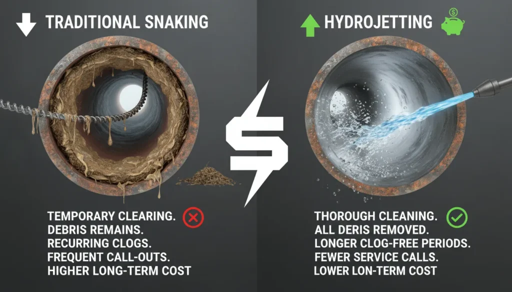 Hydrojetting vs snaking cost and effectiveness comparison for drain cleaning