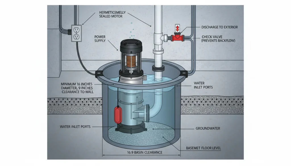 Submersible Sump Pump installation showing float switch and discharge pipe setup