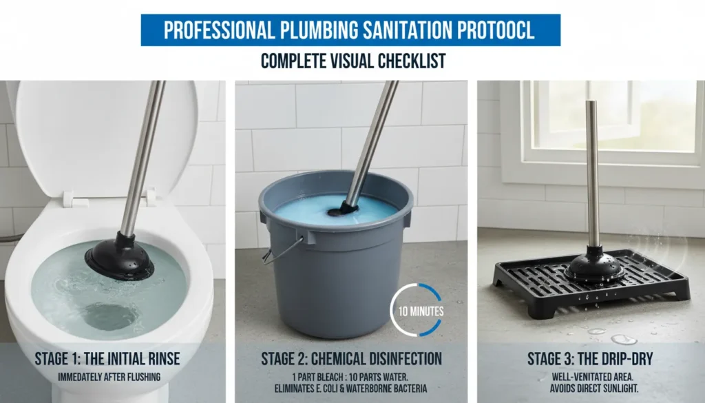 A professional sanitation setup showing a plunger being disinfected in a bucket of bleach solution next to a clean toilet bowl.