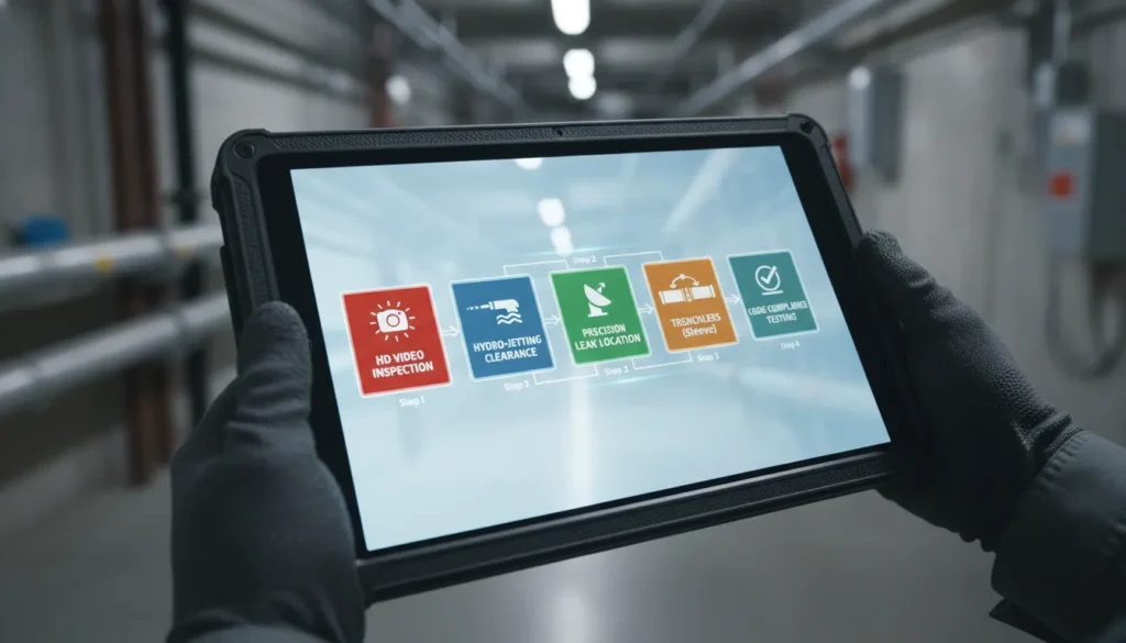 A structured workflow chart showing a 5-step emergency plumbing process: 1. Video Inspection, 2. Hydro-Jetting, 3. Precision Location, 4. Trenchless Sleeve, 5. Code Compliance Testing.