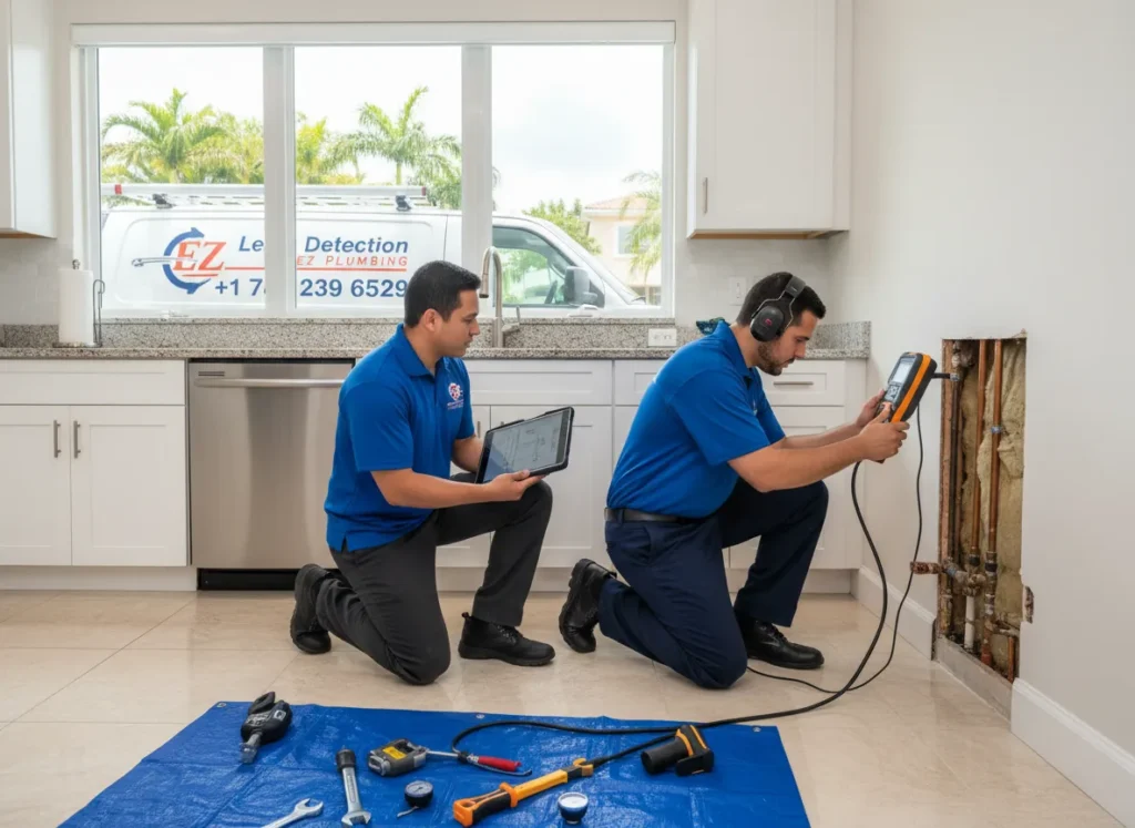 Ez Plumbing technicians using ultrasonic leak detection equipment and thermal imaging tablets to locate hidden water leaks in a Miami home.