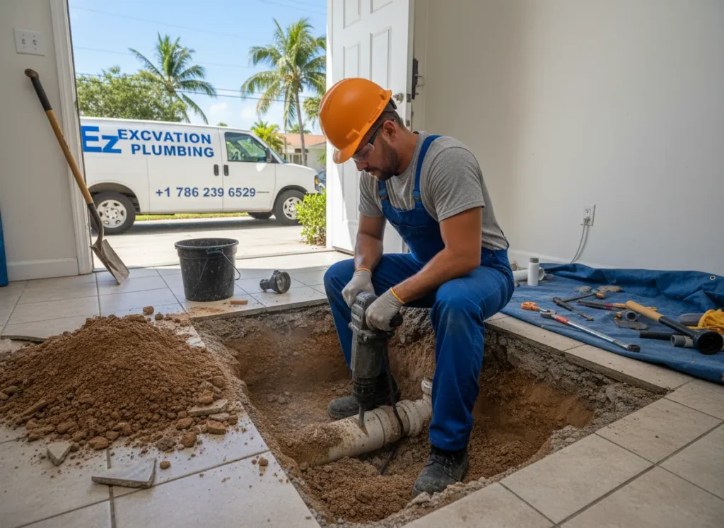 Ez Plumbing technician using a jackhammer for indoor floor excavation to access and repair underground sewer pipes in Miami.