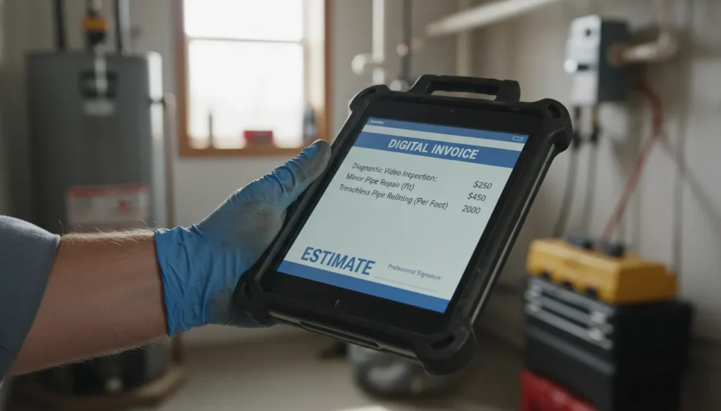 Close-up of a professional plumber's digital service estimate tablet showing an itemized invoice for minor pipe leak repair, trenchless relining, and main sewer line work.