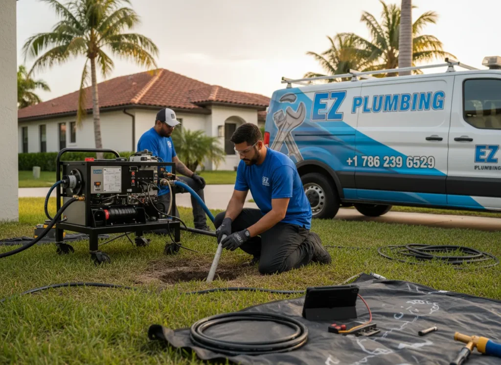 Ez Plumbing technicians using specialized trenchless pipe lining equipment to repair a residential sewer line without digging in Miami.