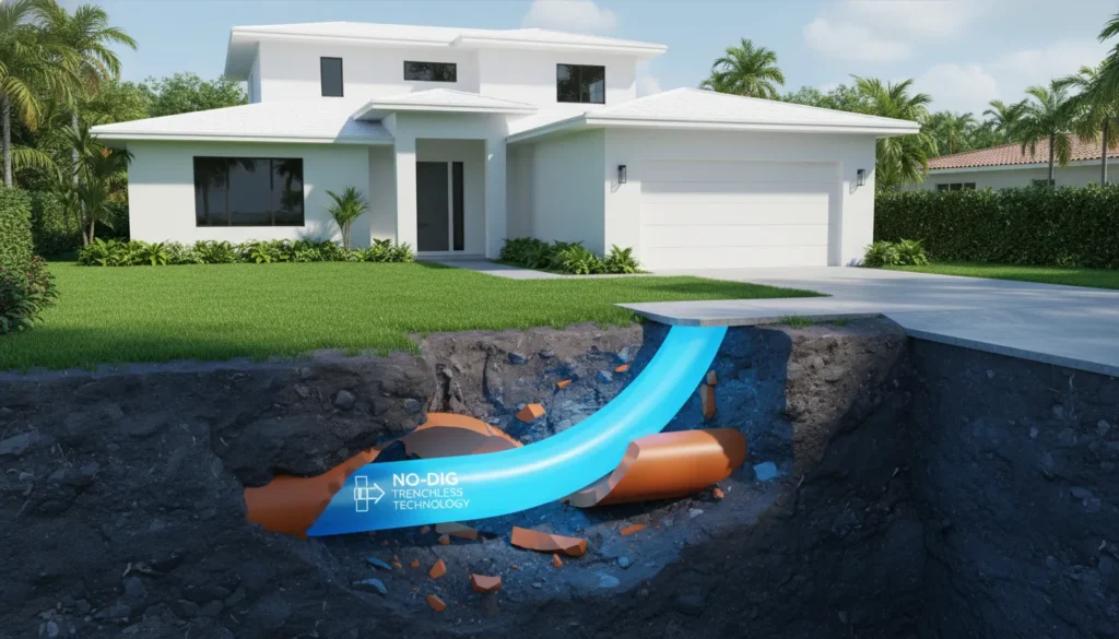 Professional diagram of a CIPP (Cured-In-Place Pipe) epoxy sleeve being installed inside a residential sewer line to prevent excavation damage.