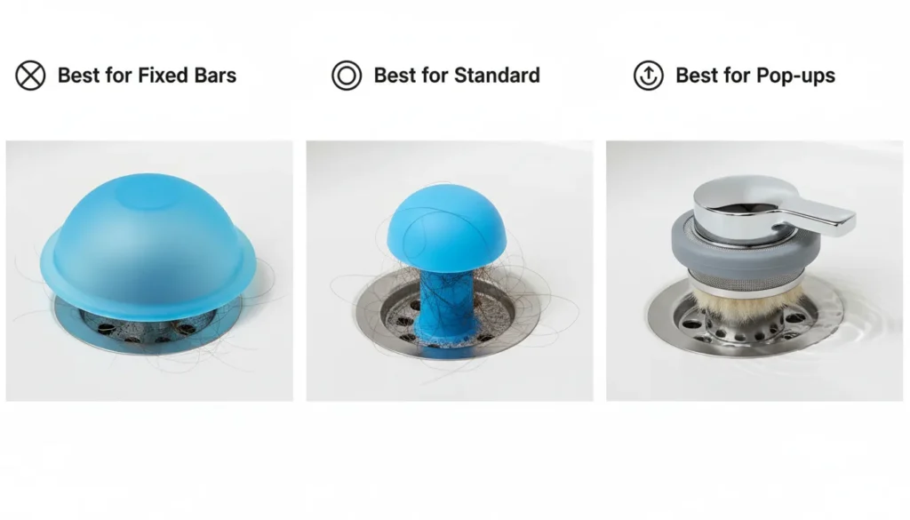A side-by-side comparison of three bathtub drain types: a standard 1.5-inch drain with a silicone mushroom filter, a pop-up stopper with a magnetic guard, and a fixed-bar drain covered by an external silicone dome.