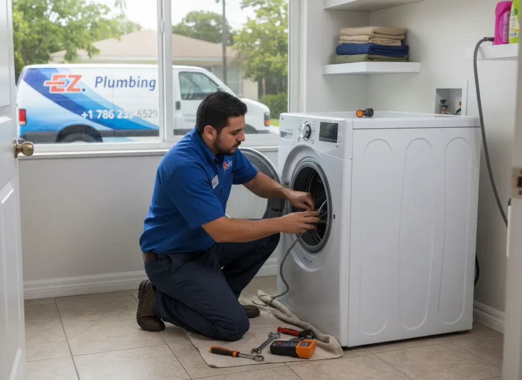 Ez Plumbing technician performing expert washing machine repair and water line installation in a Miami home laundry room.