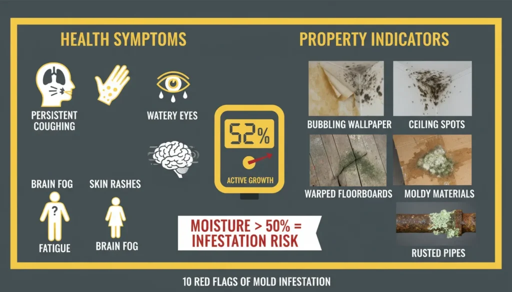 An educational infographic checklist illustrating 10 common warning signs of mold toxicity, including respiratory issues, musty odors, visible water stains, and unexplained fatigue in a home environment.