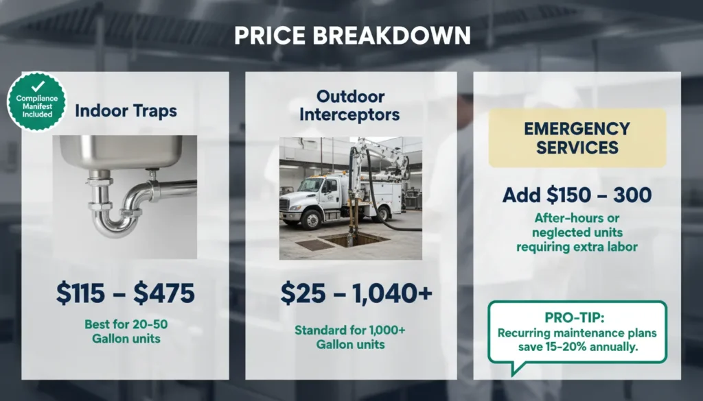 A professional real-world price comparison chart showing 2026 average costs for pumping indoor grease traps ($115–$475) versus large outdoor interceptors ($325–$1,040), with a section for emergency fees.