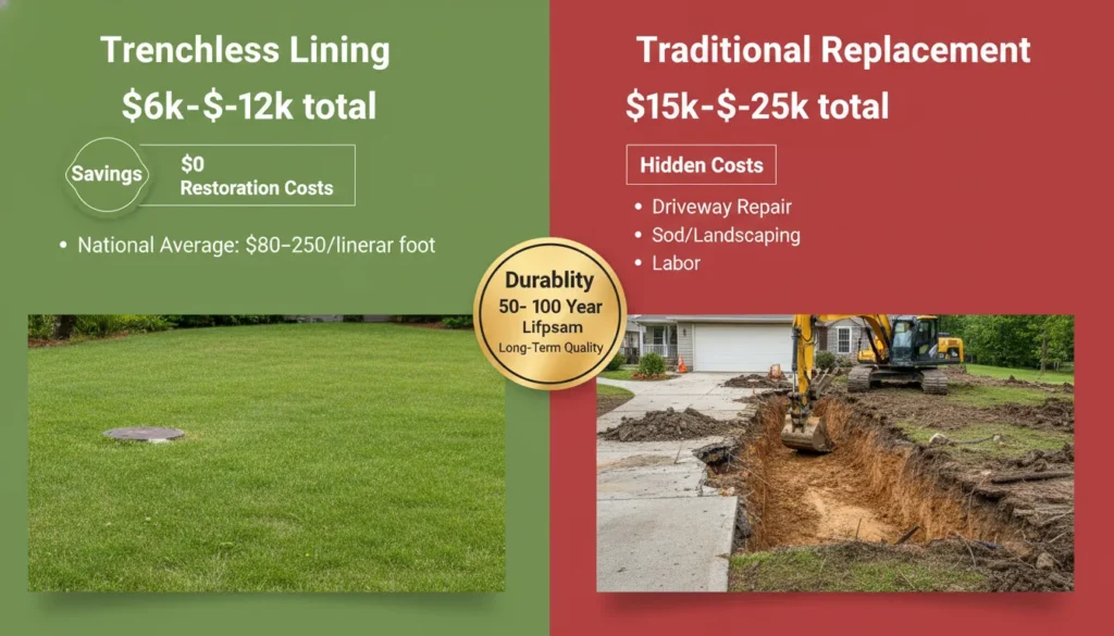 A detailed cost comparison infographic showing the price per foot for trenchless sewer pipe lining versus traditional excavation repair in 2026.