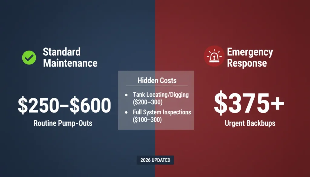 A side-by-side comparison table showing 2026 pricing for standard septic pumping versus emergency response rates in Florida, including costs for tank locating and inspections.