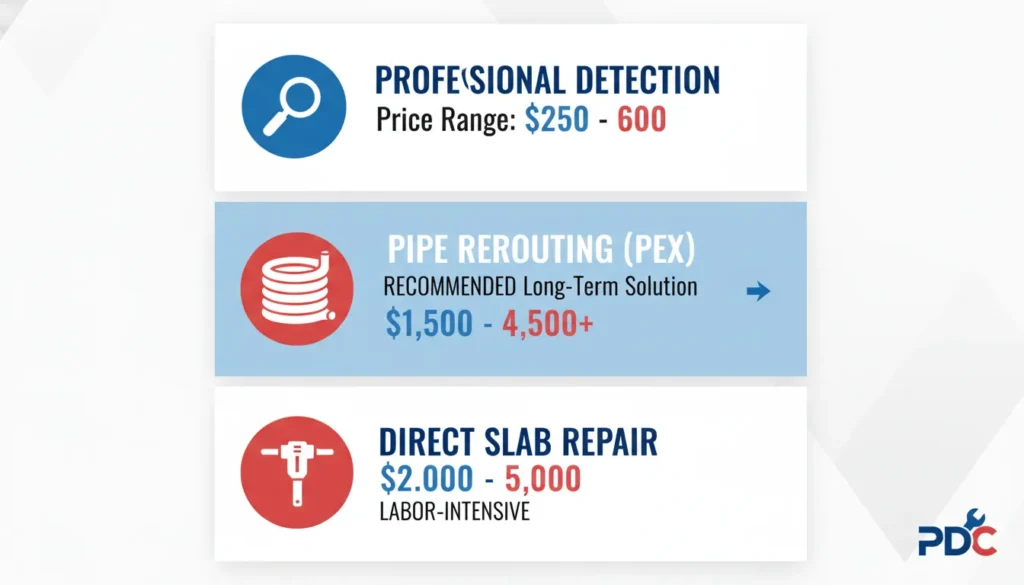 A professional pricing infographic showing the estimated costs for slab leak detection, pipe rerouting, and direct concrete repair services in Miami and Broward County.