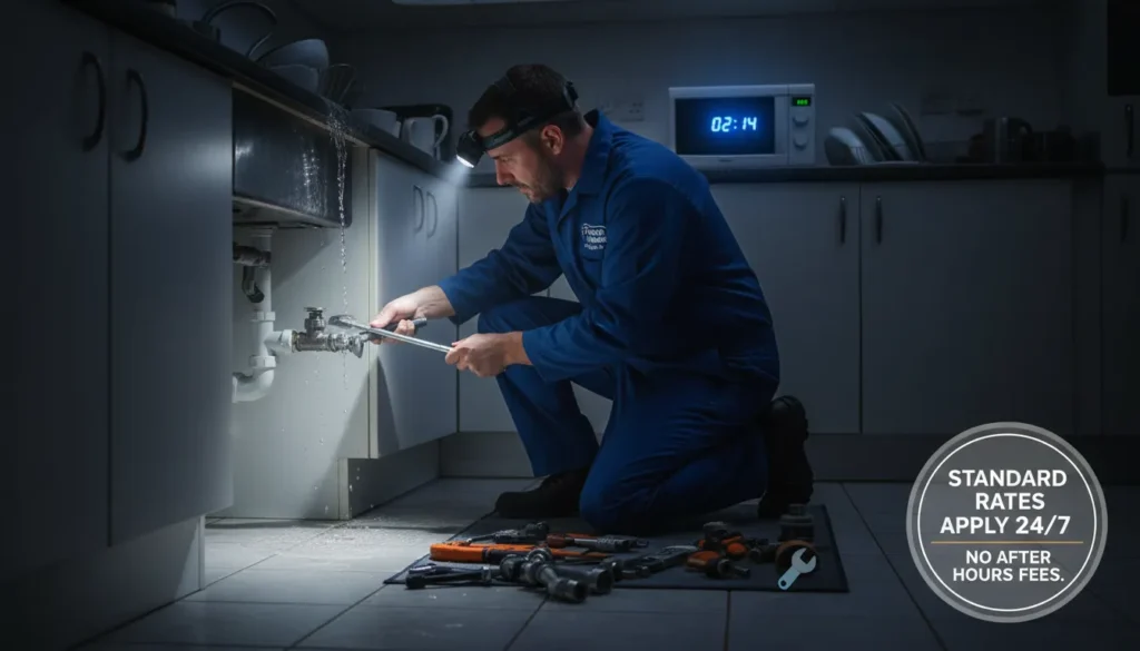 A professional plumber repairing a burst kitchen pipe at night in a North Miami Beach home, with a digital clock showing 2:00 AM and a 'Zero Extra Charges' service guarantee badge.