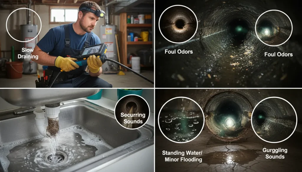 “Close-up view of a professional plumber using a sewer camera inside a residential drain, highlighting common warning signs such as slow drains, foul odors, standing water, gurgling pipes, and recurring backups.”