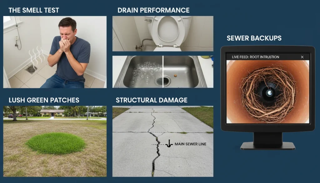 A professional collage showing five common signs of clay sewer line failure: a wet sink with slow drainage, a lush green patch of grass in a lawn, a cracked driveway, a gurgling toilet, and a plumber using a sewer camera to find tree roots.
