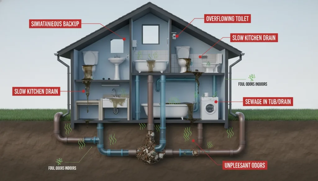 Illustration showing common warning signs of a main sewer line clog including multiple drains backing up, slow draining sink, toilet overflow, sewage water in bathtub, and foul odors inside a home