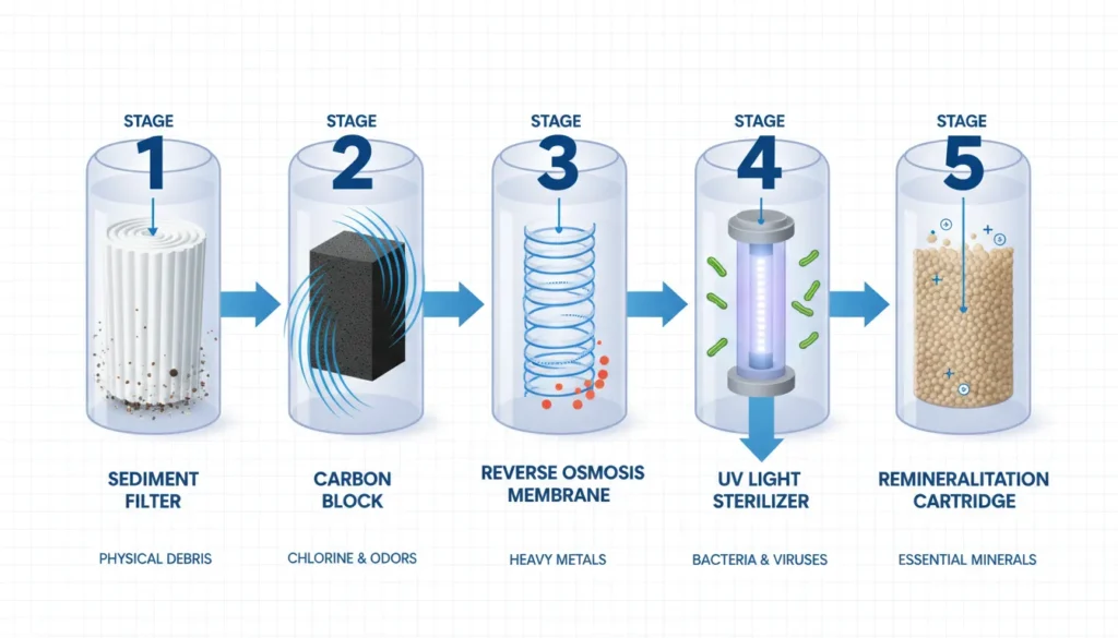 A professional 5-stage water filtration diagram showing the sequence of sediment removal, carbon adsorption, reverse osmosis membrane purification, UV sterilization, and alkaline remineralization.