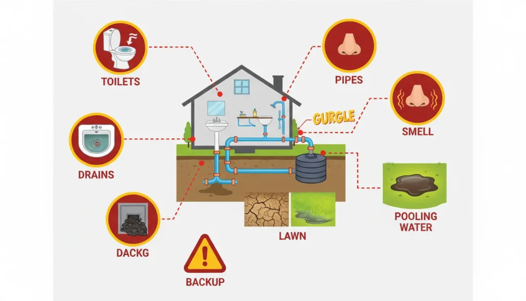 A detailed infographic showing common signs of a full septic tank, including slow-draining sinks, gurgling pipes, bad odors in the yard, and green wet patches over the drain field to help homeowners identify when they need professional pumping.