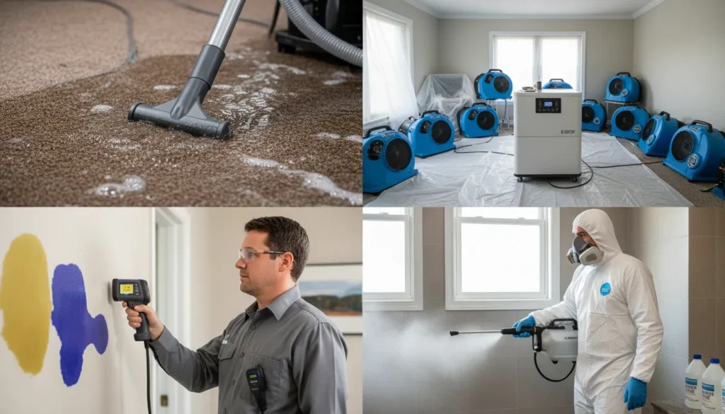 A professional four-panel sequence showing industrial water extraction, high-velocity structural drying, thermal imaging moisture detection, and EPA-approved sanitization of a flooded home.