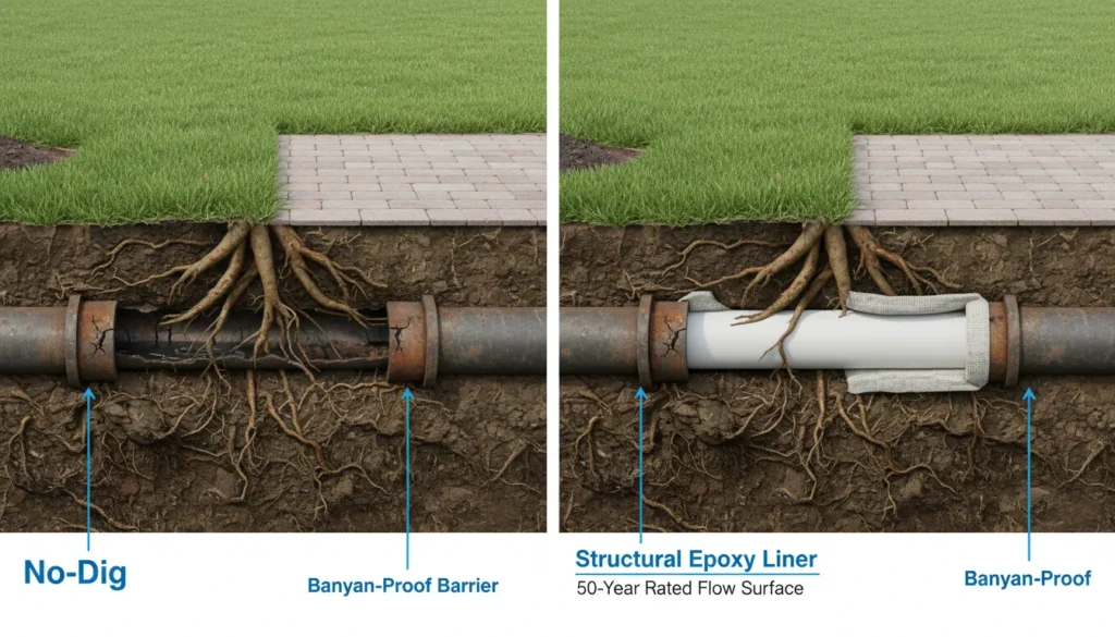 Cross-section diagram of the Trenchless Pipe Rehabilitation process showing a new epoxy-saturated structural liner being installed inside an old corroded sewer pipe without digging or excavation.