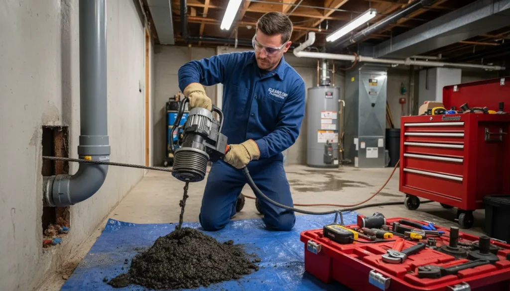 Professional plumber using a drain auger to clear a main sewer line clog in a residential basement, wearing protective gloves and uniform, with plumbing tools visible.