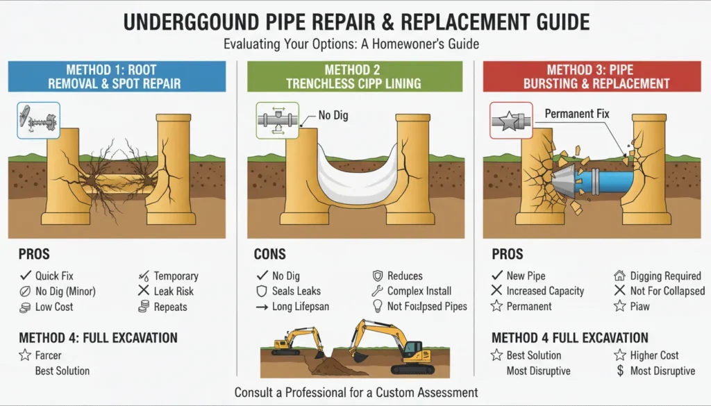 A professional side-by-side visual of a cracked vitrified clay sewer pipe next to a trenchless CIPP lining repair and a traditional excavation replacement.