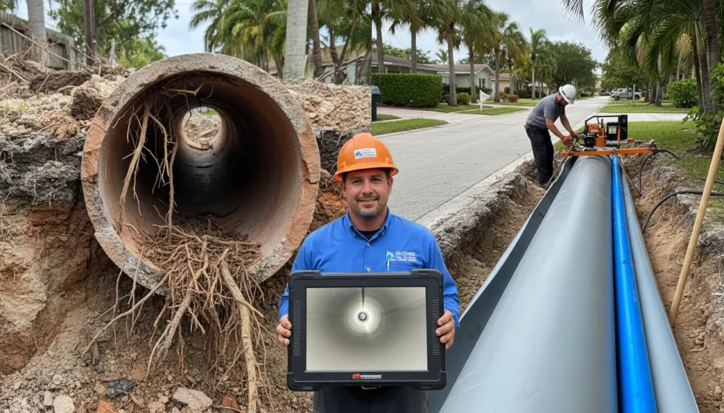 A professional plumber in Miami performing a side-by-side comparison of a cracked old clay sewer pipe and a modern trenchless epoxy pipe liner solution.