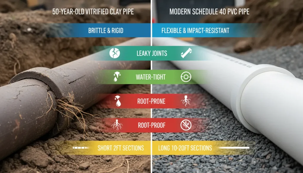 A side-by-side comparison of an old, cracked vitrified clay sewer pipe and a modern, smooth white Schedule 40 PVC pipe, highlighting differences in joints and material texture.