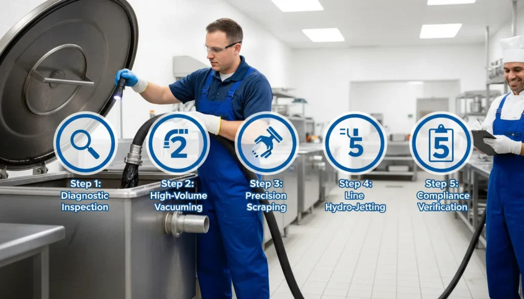 A professional technician performing a comprehensive 5-step grease trap cleaning service, featuring vacuum pumping, manual wall scraping, and a final inspection manifest.
