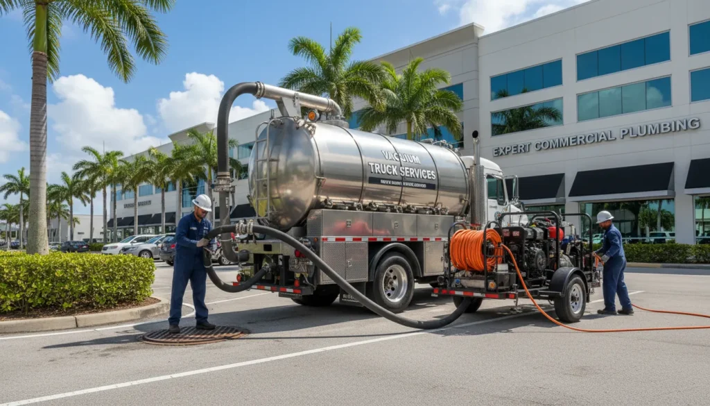 A professional crew operating a heavy-duty industrial vacuum truck and advanced plumbing equipment at a commercial job site in Fort Lauderdale.